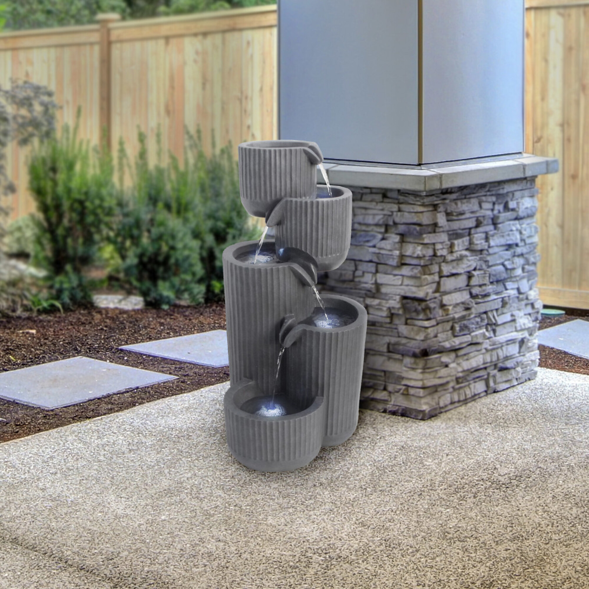 Alpine Corporation, Fluted Pots Fountain with LED Lights,5-Tier,Gray, Power Cord Length 6 ft, Model# WIN1706